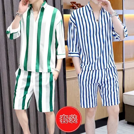 t恤男士短袖夏装韩版帅气七分袖V领上衣服潮流五分裤子搭配一套装商品大图