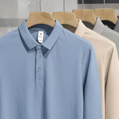 2025新款丝光珠地棉翻领polo衫男长袖t恤保罗带领打底衫纯色秋衣图片