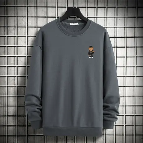 2024新款灰色卫衣男潮ins春秋款加绒套头无帽宽松小熊圆领长袖t恤商品大图