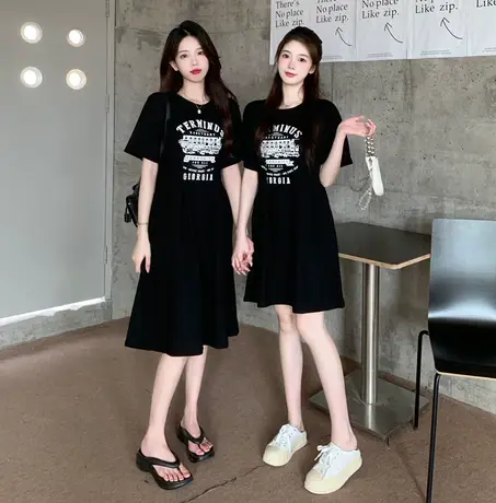 大码美式复古休闲连衣裙女夏装新款胖MM显瘦遮肉中长款裙子200斤图片