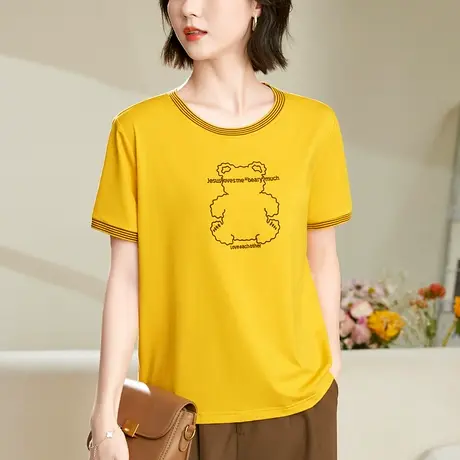 螺纹圆领t恤女纯棉2023年新品洋气减龄夏装正肩短袖体恤衫上衣服商品大图