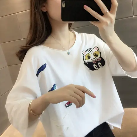 设计感刺绣卡通短袖T恤女2023年夏季新款ins韩版宽松百搭半袖上衣商品大图
