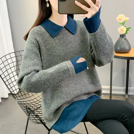 方领花纱中长款毛衣女加厚打底衫2025春秋新款宽松针织衫内搭上衣商品大图