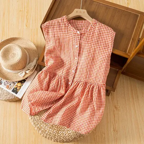 享永子格子亚麻无袖娃娃衫文艺复古棉麻上衣宽松显瘦2023夏季新款图片