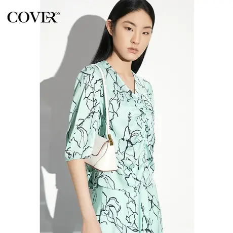 COVER夏季假门襟V领捏褶法式衬衫商品大图