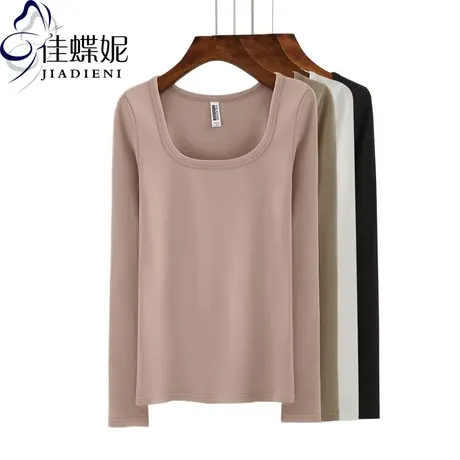 春秋韩版纯白修身深U领长袖女装体恤打底衫上衣纯色休闲T恤内搭商品大图