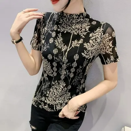 欧货设计感印花T恤女2024新款性感网纱漂亮打底衫半高领短袖上衣商品大图