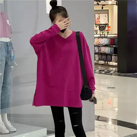 2023年早秋季新款小V领开叉长袖t恤女纯色打底衫女宽松中长款上衣商品大图