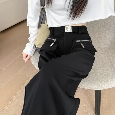 黑色高腰束脚工装裤女高腰显瘦宽松秋冬休闲大口袋辣妹萝卜哈伦裤图片