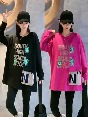 秋季新款小熊印花口袋卫衣女韩版学生宽松圆领胖mm洋气百搭上衣潮商品大图