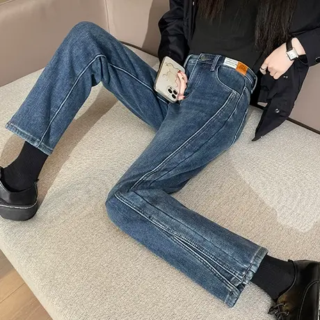 直筒牛仔裤女2024年秋冬新款高腰修身加绒加厚九分小个子烟管裤潮图片