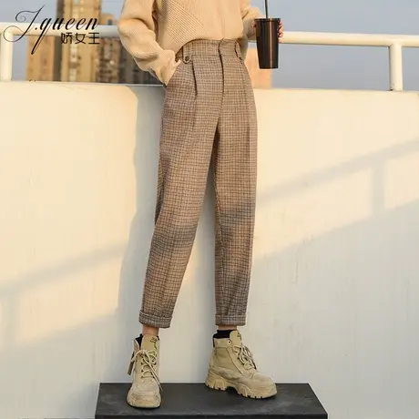 哈伦裤女秋冬加绒宽松显瘦裤子毛呢小脚裤格子百搭高腰加厚萝卜裤商品大图