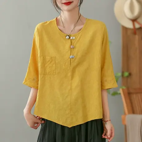 dza 复古盘扣刺绣纯棉衬衫女2023夏薄款白色衬衣休闲宽松套头上衣图片