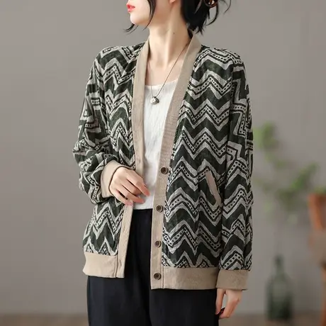 dza 文艺复古宽松短款外套女士2022新款春季上衣百搭休闲V领开衫图片