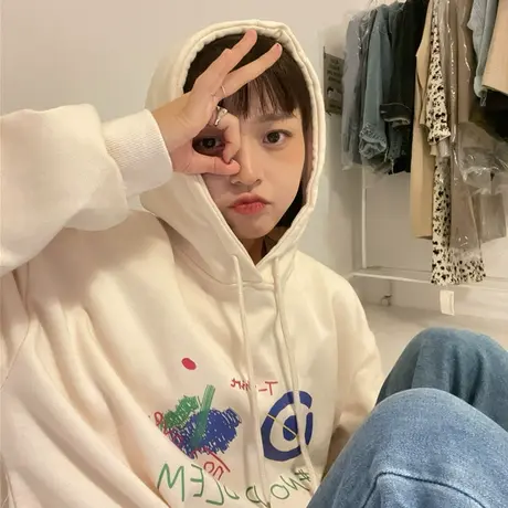 红续连帽卫衣女2023新款春装薄款韩版宽松涂鸦小众慵懒风学生上衣图片