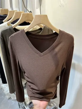 V领纯色抽褶羊绒针织衫女长袖2023年秋装新款褶皱修身T恤打底上衣图片