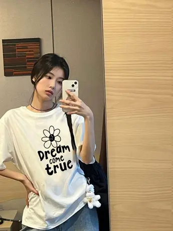 白色仿棉短袖t恤女2023新款夏季休闲百搭女装学生卡通设计感上衣图片