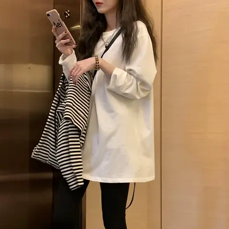 白色打底衫春秋冬季叠穿卫衣内搭加绒宽松长袖T恤女磨毛保暖上衣商品大图