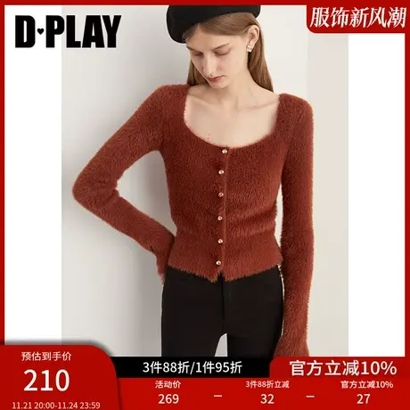 DPLAY秋季复古焦糖色短款修身方领定制金属扣仿貂毛套头毛衣图片