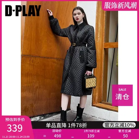 DPLAY冬新气质通勤风亮丝粗花呢拼接菱格棉服长款大摆外套商品大图