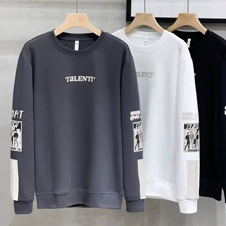 棉质男士卫衣圆领2023春秋季新款印花青年学生长袖t恤外套男上衣商品大图