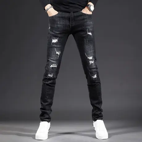 黑色破洞牛仔裤男秋冬2024新款修身小脚高端潮牌休闲弹力男士裤子商品大图