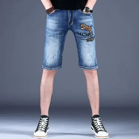 男士高端刺绣五分裤男款修身弹力2023网红爆款牛仔短裤男款中裤子商品大图