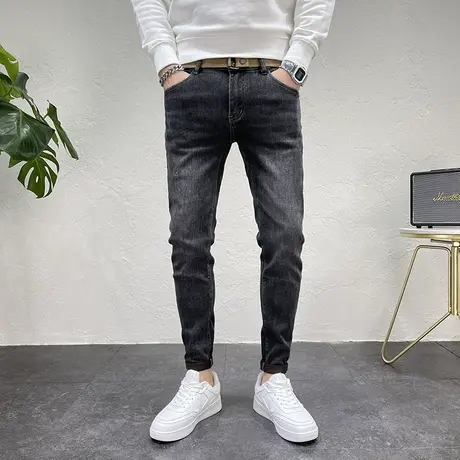 新品男款休闲牛仔裤口袋刺绣高街潮流做旧猫须修身小脚男生长裤子商品大图