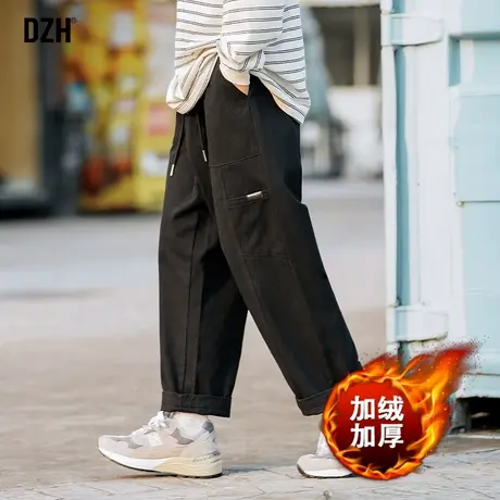 男士冬季加绒加厚裤子男裤黑色直筒工装裤男美式宽松冬装休闲长裤商品大图