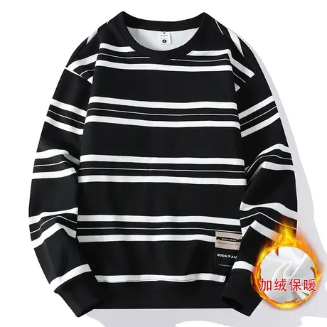条纹长袖t恤男2022秋冬新款上衣卫衣男士秋装加绒加厚秋衣打底衫商品大图