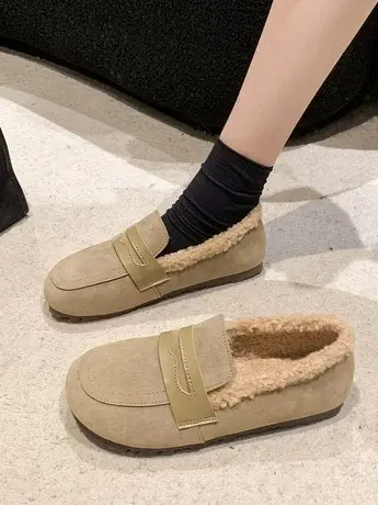 棉鞋女冬季加绒一脚蹬孕妇妈妈乐福豆豆鞋软底防滑雪地毛毛鞋外穿商品大图