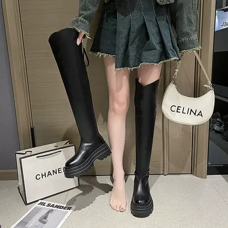 长筒靴女2023冬新款高筒靴子显瘦超火冬季女鞋粗跟v口过膝骑士靴商品大图