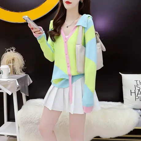 撞色针织开衫女2024新款早春季时尚洋气减龄宽松显瘦百搭毛衣外套商品大图