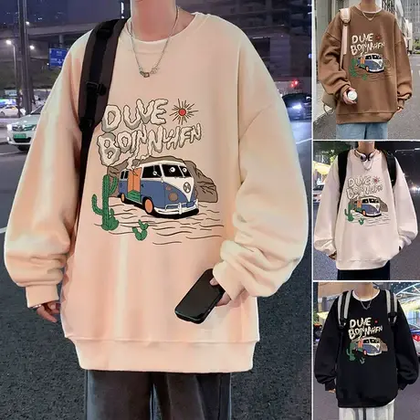 设计感潮牌宽松长袖圆领加绒卫衣男春秋季2024新款美式内搭打底衫图片