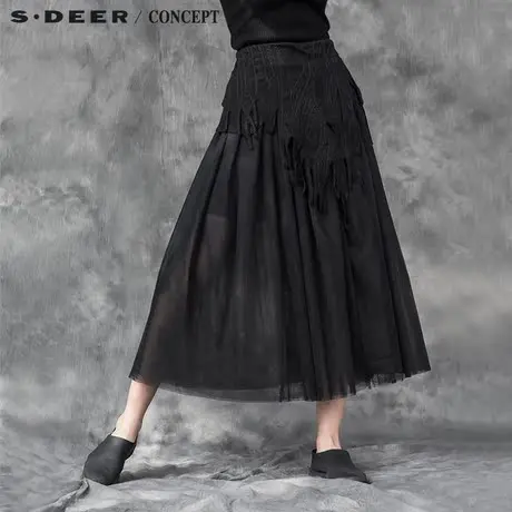 sdeer圣迪奥女装流动布片搭配手工刺绣纯色半身裙S15481157图片