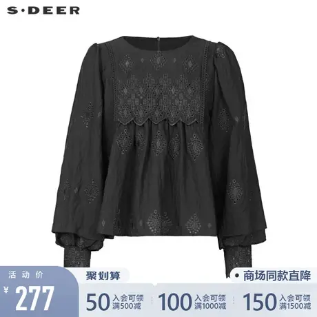 sdeer圣迪奥女22春夏新品时尚圆领可爱镂空绣花黑色衬衫S221Z0528图片