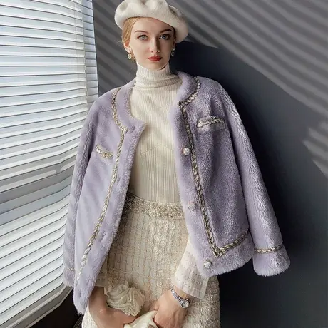 粉红大布娃娃2021新款气质小香风羊毛皮草甜美修身保暖外套春冬女图片