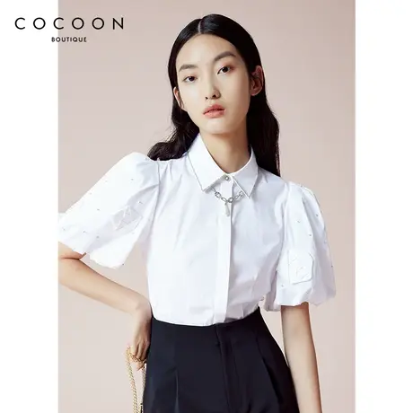 COCOON商场同款时尚上衣2023夏装新款女装气质翻领纯色通勤雪纺衫商品大图