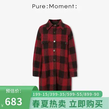 Pure:Moment/毛呢外套女21年秋冬新品红黑格子宽松休闲中长款大衣商品大图