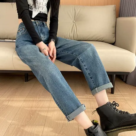 哈伦牛仔裤女2024年春秋季高腰显瘦宽松遮跨小个子直筒萝卜老爹裤商品大图