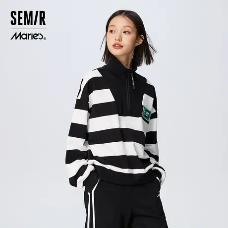 森马马利卫衣女宽松落肩套头衫女士潮流休闲春季条纹立领上衣时尚图片