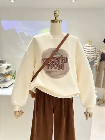 加绒加厚美式复古百搭刺绣印花字母宽松显瘦保暖休闲圆领卫衣女图片