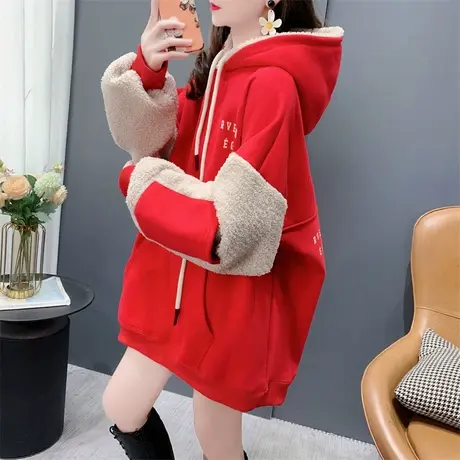 设计感羊羔毛拼接红色卫衣女秋冬2023年新款宽松加绒加厚红色外套商品大图
