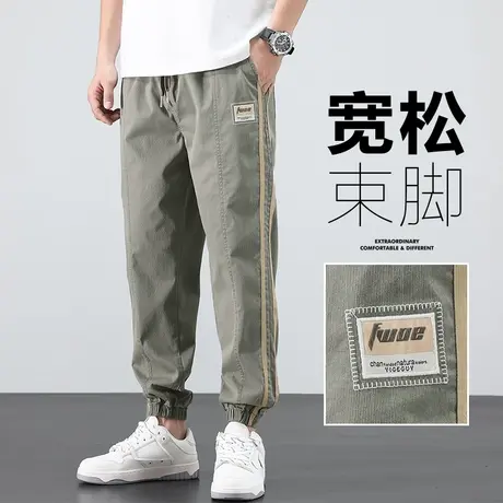 侧边竖条纹军绿色工装休闲裤男士夏季薄款男裤九分束腿粗男生裤子商品大图
