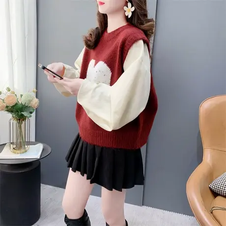 温柔风假两件爱心圆领毛衣女秋冬2023年新款洋气减龄百搭拼接上衣商品大图