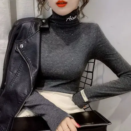 德绒打底衫女2023秋冬新款欧货纯色半高领长袖T恤内搭网红上衣潮商品大图