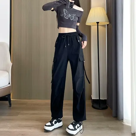 黑色工装裤女春夏小个子美式束脚直筒高腰宽松休闲窄版灯笼阔腿裤商品大图