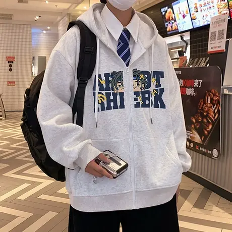 连帽开衫卫衣男春秋季2023新款男生休闲美式潮流上衣宽松拉链外套商品大图