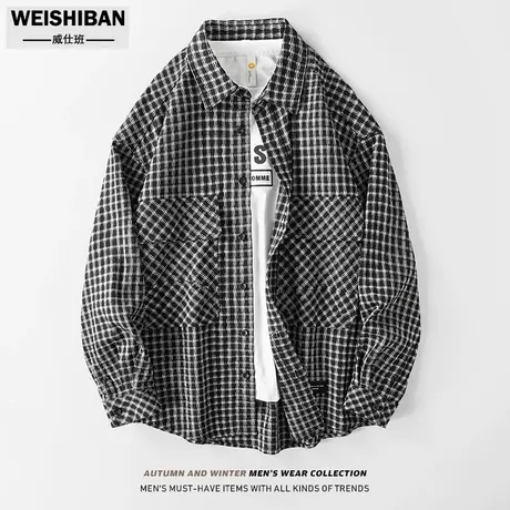 2024春秋季新款男士衬衫宽松小香风格子长袖衬衣潮牌休闲廓形外套图片
