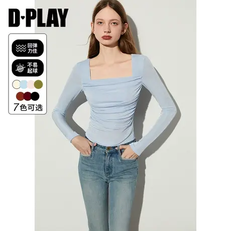 DPLAY2025春季小上衣baby蓝上衣方领上衣修身打底衫女蓝色上衣商品大图